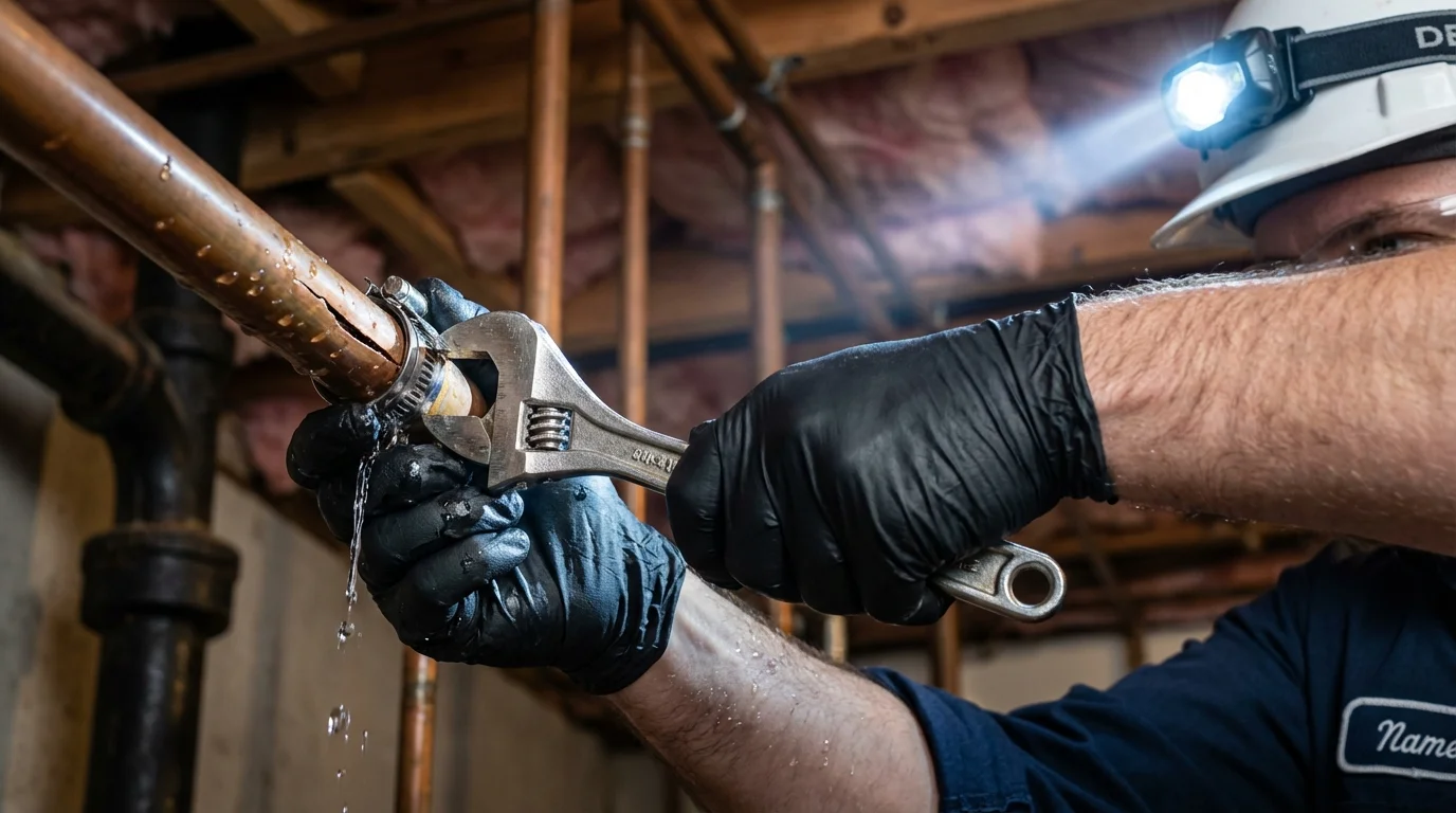 Emergency pipe clamp repair being performed by a Johns Plumbing LLC plumber in Mashpee