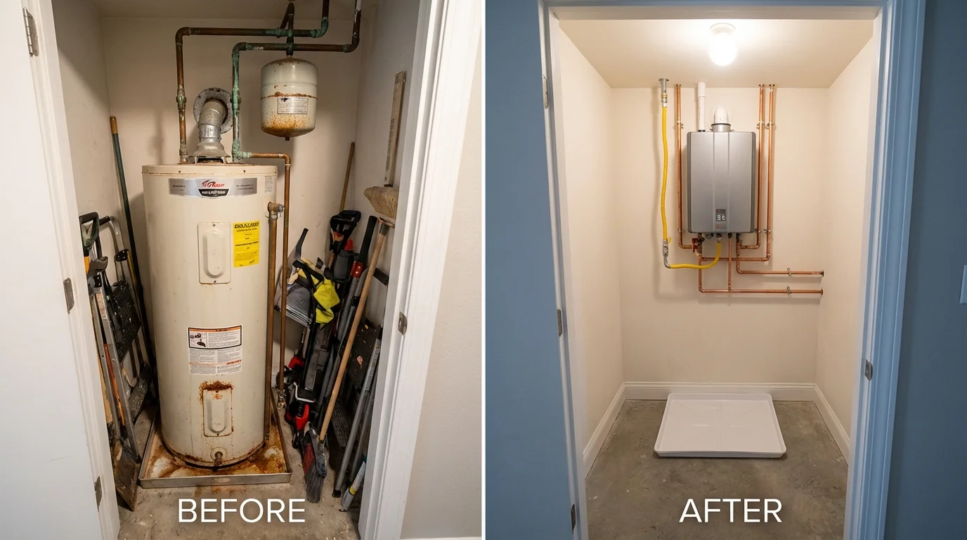 Tank water heater versus wall-mounted tankless unit comparison for Mashpee, MA homeowners